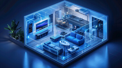 A futuristic living space with an AI-managed smart home system displayed on a transparent wall panel, controlling various home components. The design is isometric, minimal, and provides plenty of