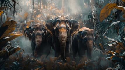 Majestic Elephant Family Amid Misty Jungle Foliage in Watercolor Style
