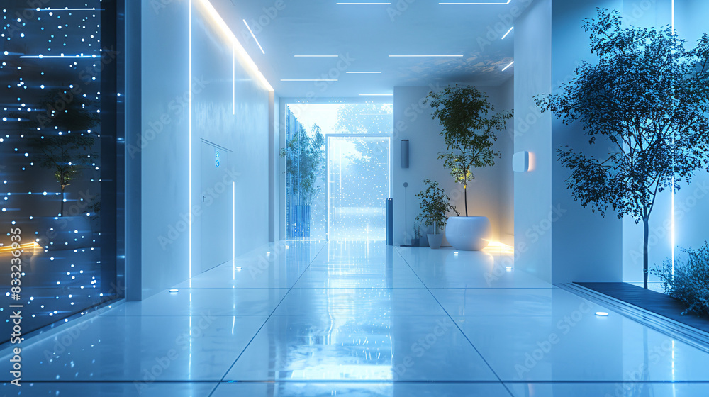 Poster a futuristic smart home entryway with ai-augmented reality interfaces for security and home manageme