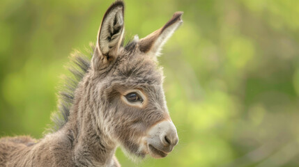 Grey donkey set against a softly blurred green background.