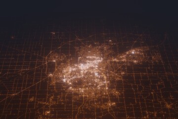 Obraz premium Aerial shot of Fort Wayne (Indiana, USA) at night, view from north. Imitation of satellite view on modern city with street lights and glow effect. 3d render
