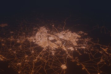 Aerial shot of Mosul (Iraq) at night, view from north. Imitation of satellite view on modern city with street lights and glow effect. 3d render