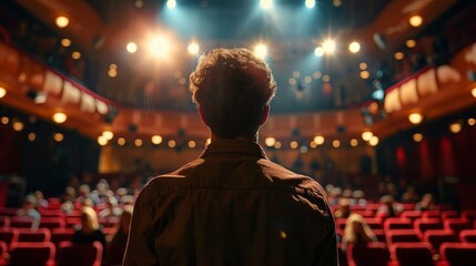 Obraz premium A man takes center stage at a theater, facing an audience in anticipation of a performance 