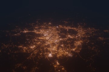 Aerial shot on Seoul (Korea) at night, view from west. Imitation of satellite view on modern city with street lights and glow effect. 3d render