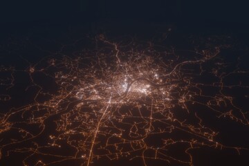 Aerial shot of Pyongyang (North Korea) at night, view from south. Imitation of satellite view on modern city with street lights and glow effect. 3d render
