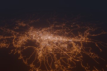 Aerial shot of Skopje (North Macedonia) at night, view from north. Imitation of satellite view on modern city with street lights and glow effect. 3d render