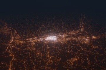 Aerial shot of Huntington (West Virginia, USA) at night, view from south. Imitation of satellite view on modern city with street lights and glow effect. 3d render