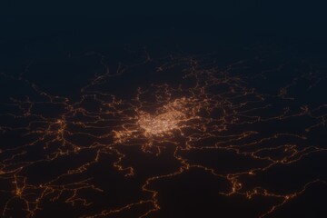 Aerial shot on Sucre (Bolivia) at night, view from east. Imitation of satellite view on modern city with street lights and glow effect. 3d render