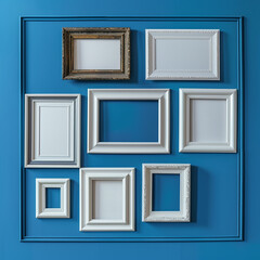 A variety of mismatched blank frames displayed on a cerulean blue wall in a gallery.