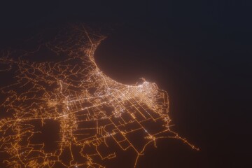 Aerial shot of Durres (Albania) at night, view from north. Imitation of satellite view on modern city with street lights and glow effect. 3d render