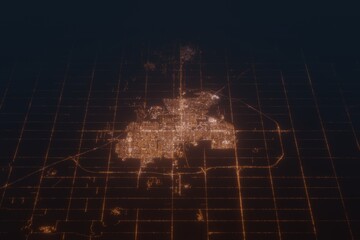 Aerial shot on at night, view from west. Imitation of satellite view on modern city with street lights and glow effect. 3d render