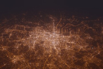 Aerial shot on Antwerp (Belgium) at night, view from east. Imitation of satellite view on modern city with street lights and glow effect. 3d render