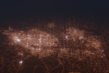 Aerial shot of Boise and Nampa (Idaho, USA) at night, view from north. Imitation of satellite view on modern city with street lights and glow effect. 3d render