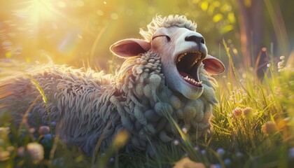 Obraz premium An image of a cute sheep laughing loudly outdoors, adding a humorous and joyful element to any project