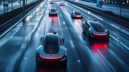 Fototapeta premium Self-Driving Vehicles: Depict self-driving vehicles on a futuristic highway, showcasing their sleek design and advanced navigation systems.