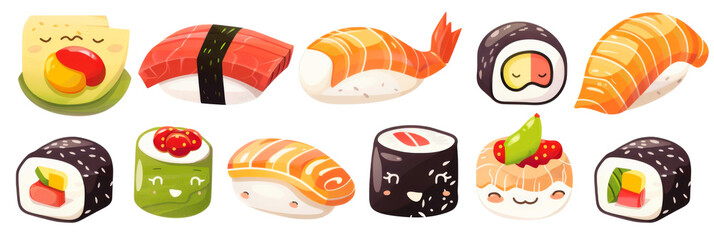 Set of cute sushi, Various kawaii sushi Japanese food cartoon on white background.