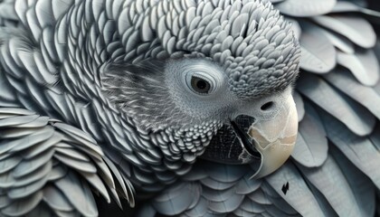 Fototapeta premium A close-up photo of an African grey parrot, highlighting the intricate details and textures of its feathers