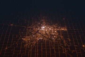 Aerial shot on Decatur (Illinois, USA) at night, view from east. Imitation of satellite view on modern city with street lights and glow effect. 3d render