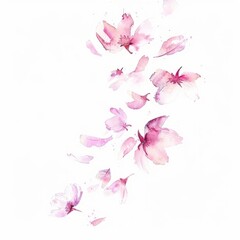 Fototapeta premium Watercolor painting of cherry blossoms petals falling in a spring breeze, on isolated white background, Generative AI
