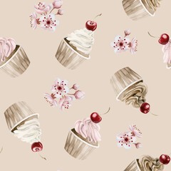 Cupcakes with cherry berries and flowers. Watercolor seamless pattern on beige background for confectionery design