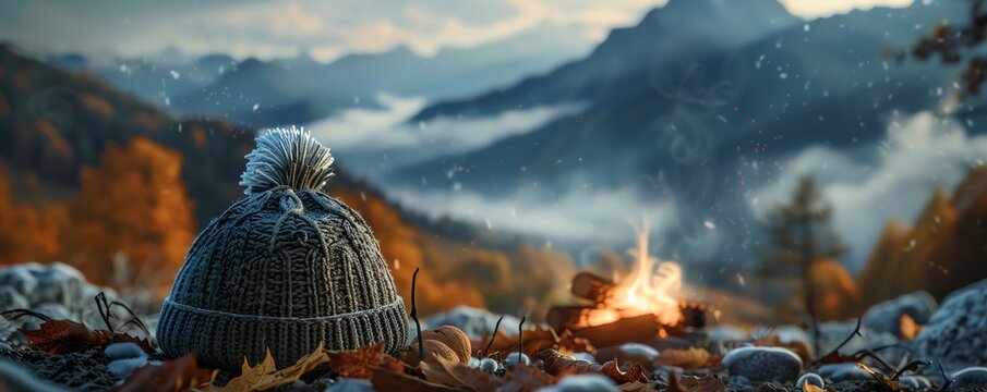 A wool hat mockup with a diamondknit pattern, set against a backdrop of mountains and a campfire