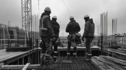 Many men in protective clothing work at a construction site. A group of builders are working outdoors. Construction concept.