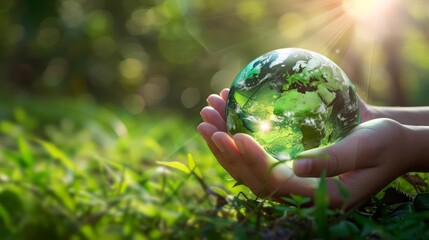 A closeup of hands gently holding a crystal globe with green continents