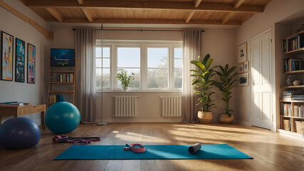 A Nice Living room for exercising with resistance bands yoga ball and mat at beautiful home