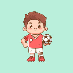 Cute soccer player pose kawaii chibi character mascot illustration outline style design