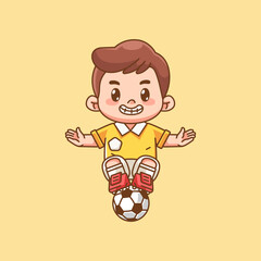 Cute soccer player ride ball kawaii chibi character mascot illustration outline style design