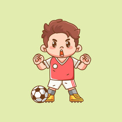 Cute soccer player shout with ball kawaii chibi character mascot illustration outline style design
