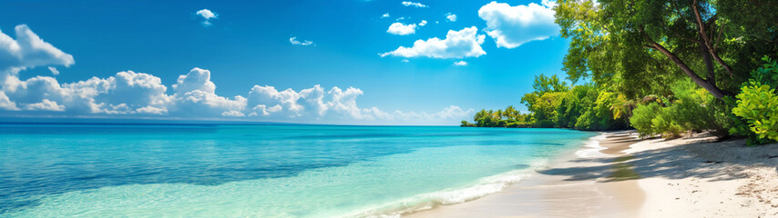 Fototapeta premium Tropical beach with clear blue water and lush green foliage. Copy space. Generative AI 