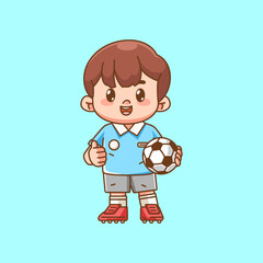Cute soccer player thumbs up kawaii chibi character mascot illustration outline style design