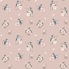 Blue birds on branches with magnolia flowers. Watercolor seamless pattern on peach pink background for textile