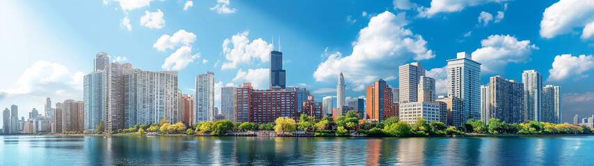  Beautiful skyline of modern city with high-rise buildings and lush green trees by the water under a bright blue sky. Copy space. Generative AI	 