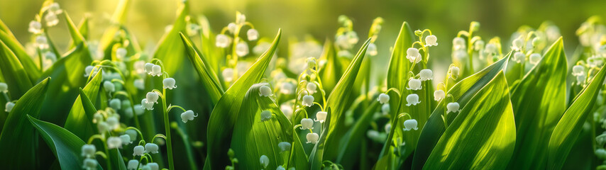 Obraz premium Lily of the valley flowers in a sunlit forest glade. Copy space. Generative AI 