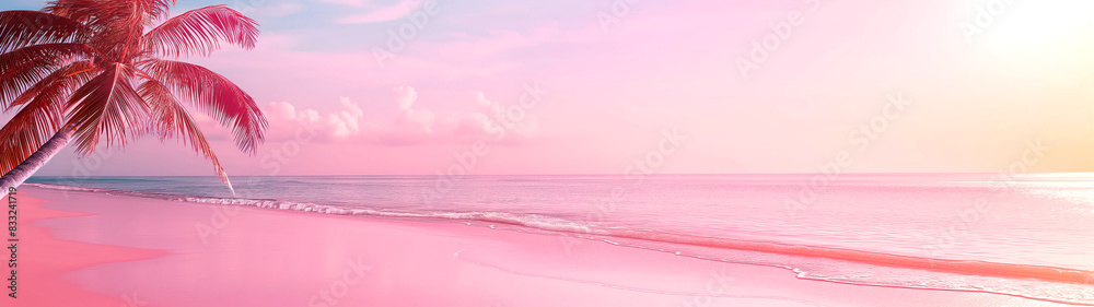 Wall mural Tropical sunset beach with pink sand and palm tree. Copy space. Generative AI	 