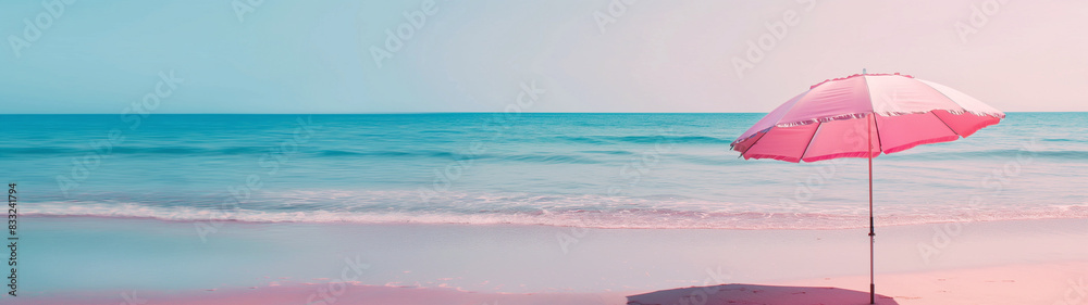 Wall mural A serene beach scene with a pink umbrella and calm ocean waves. Copy space. Generative AI	 