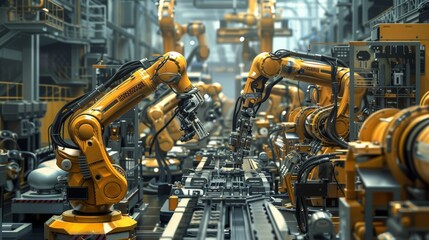 An intricate network of automated assembly lines, where robots and machinery work in perfect harmony, crafting products with precision, highlighting the shift towards automation and efficiency.