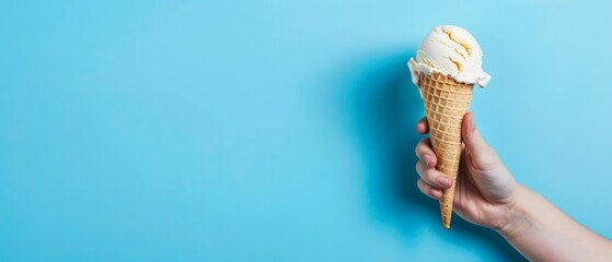 A human hand holding a cone of ice cream against a solid blue backdrop with ample copy space