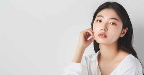 A young model applies face cream on a white background as part of a body care concept. Beauty concept