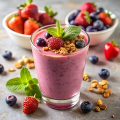 Delicious berry smoothie topped with fresh blueberries, strawberries, raspberries, and mint leaves