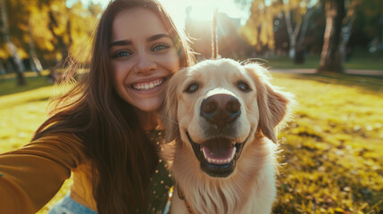 Selfie portrait of a young happy woman walking his dog,  friendship and love between humans and animals concept.