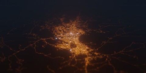 Street lights map of Sana'a (Yemen) with tilt-shift effect, view from south. Imitation of macro shot with blurred background. 3d render, selective focus