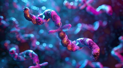 Obraz premium Close-up view of colorful microscopic organisms under blue and purple lighting. High-resolution image with detailed textures and colors.