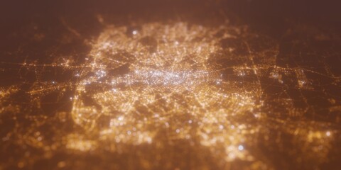 Street lights map of Minsk (Belarus) with tilt-shift effect, view from east. Imitation of macro shot with blurred background. 3d render, selective focus