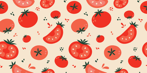 Tomato vector seamless pattern. Flat tomatoes on white background. Natural red tomato vector design for fabric, paper, wallpaper, cover, interior decor, and other use. Vegetables vector illustration