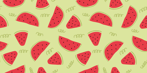 Watermelon slices seamless pattern. Flat watermelon fruit seamless pattern. Vector repeat background with watermelon slices for fabric, paper, wallpaper, cover, interior decoration, and other use.