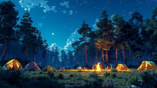 Campsite with a campfire at night under a starry sky during summer. Looping time-lapse animation background