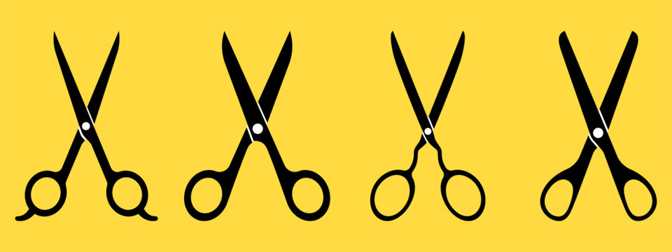 Set of black silhouette scissors on yellow background . Vector Illustration
